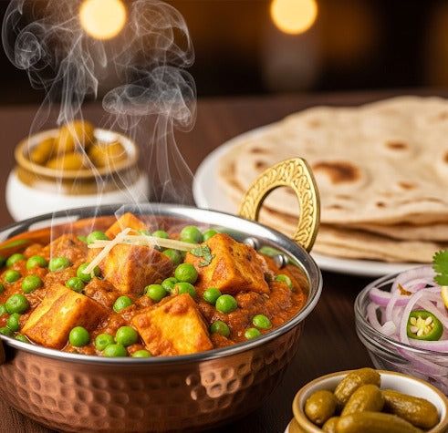 Fuelup Foods' matar paneer served in a bowl, featuring soft paneer cubes and green peas in a rich, mildly spiced tomato-onion gravy, garnished with fresh coriander β a classic North Indian vegetarian curry.