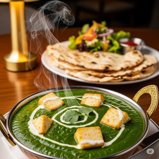 Fuelup Foods’ Palak Paneer served in a bowl, featuring soft paneer cubes cooked in a creamy, vibrant green spinach gravy — a classic North Indian vegetarian dish.