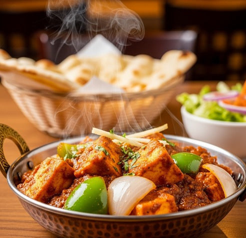 Fuelup Foods' kadhai paneer featuring paneer cubes, bell peppers, and onions cooked in a spicy red masala, served hot in a traditional wok-style preparation — a bold North Indian vegetarian dish.
