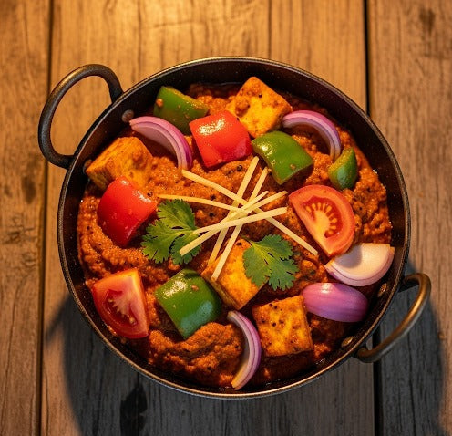 Fuelup Foods' kadhai paneer featuring paneer cubes, bell peppers, and onions cooked in a spicy red masala, served hot in a traditional wok-style preparation — a bold North Indian vegetarian dish.